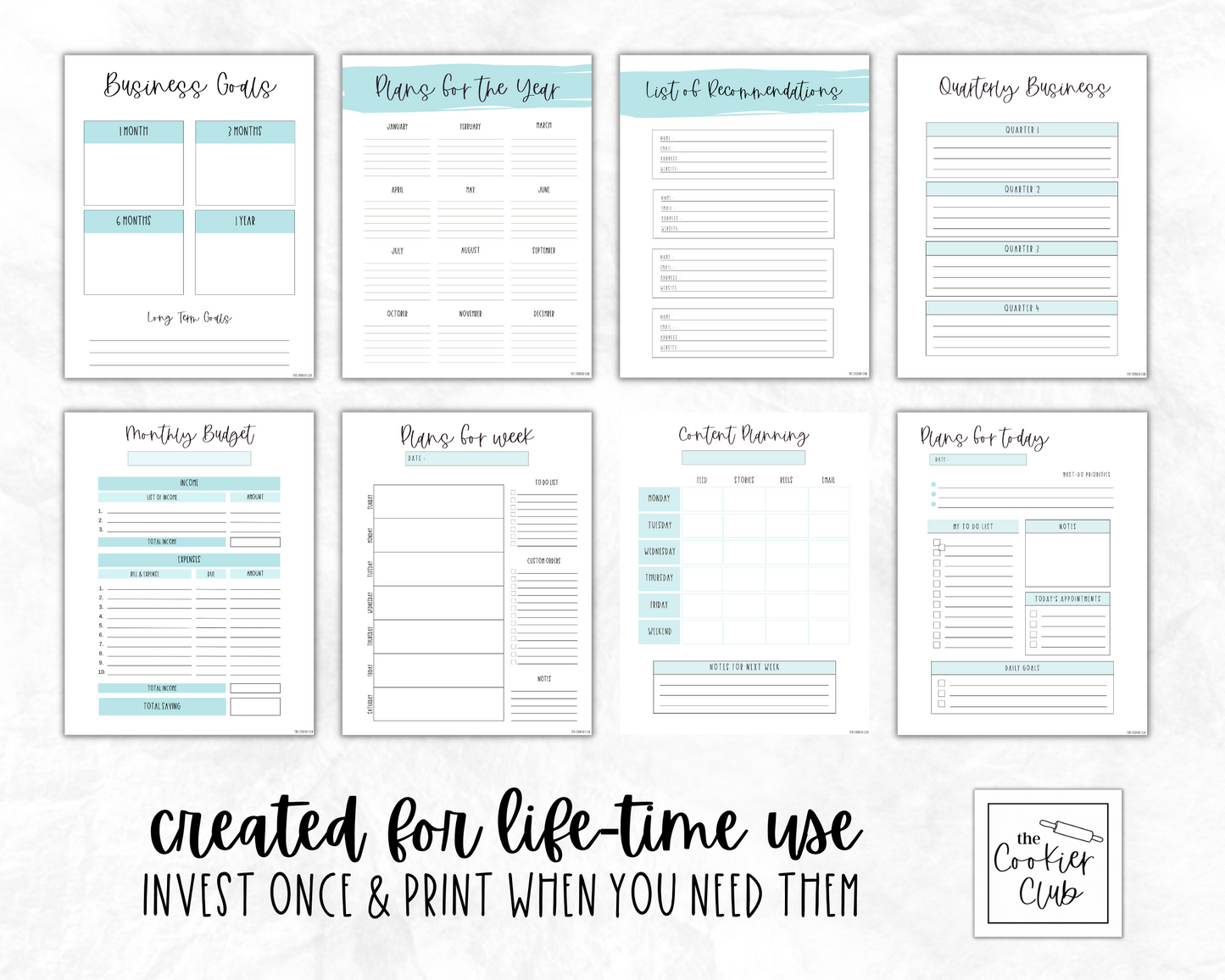 The Ultimate Home Bakery Planner - The Cookier Edition - Lifetime Use Printable Planner Pages - Turquoise